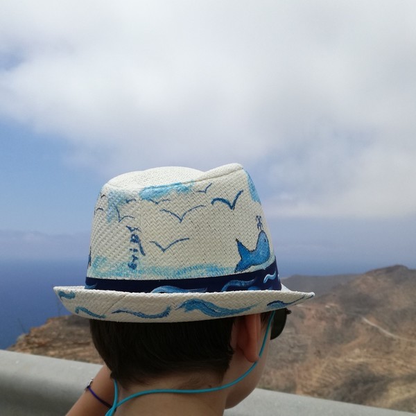 Παιδικό ψάθινο καπέλο ζωγραφισμένο στο χέρι για αγόρια και κορίτσια με θέμα "Θάλασσα" - θάλασσα, καπέλο, ψάθινα - 3