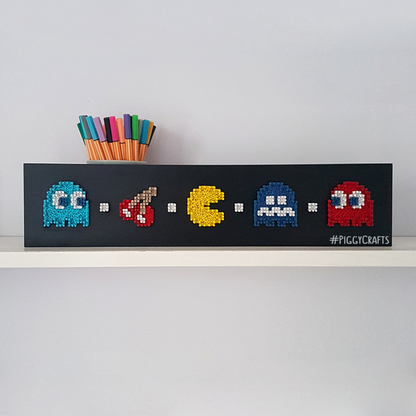 Διακοσμητικό με καρφιά & κλωστές "Pacman" 46x10cm - ξύλο, ρετρό, διακοσμητικά - 2