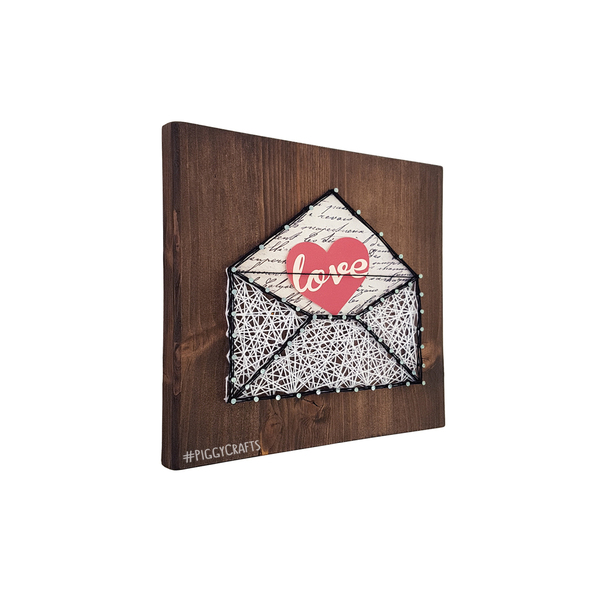 Ξύλινο καδράκι με καρφιά & κλωστές "Love Letter" 20x20cm - ξύλο, διακοσμητικά, δώρα αγίου βαλεντίνου - 3