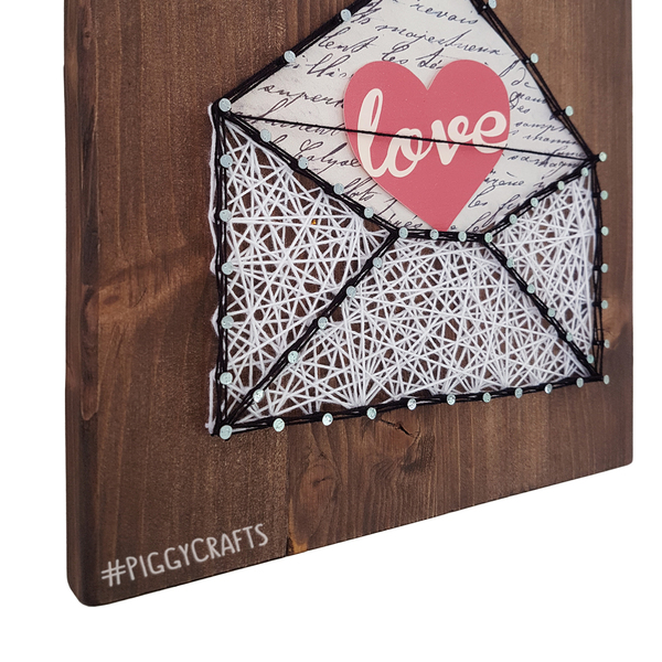 Ξύλινο καδράκι με καρφιά & κλωστές "Love Letter" 20x20cm - ξύλο, διακοσμητικά, δώρα αγίου βαλεντίνου - 2