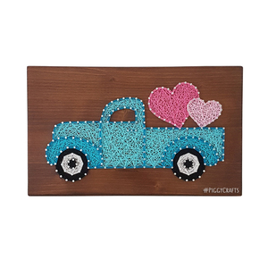 Ξύλινο κάδρο με καρφιά & κλωστές "Love Truck" 33x20cm - ξύλο, πίνακες & κάδρα, χειροποίητα, διακοσμητικά, δώρα αγίου βαλεντίνου