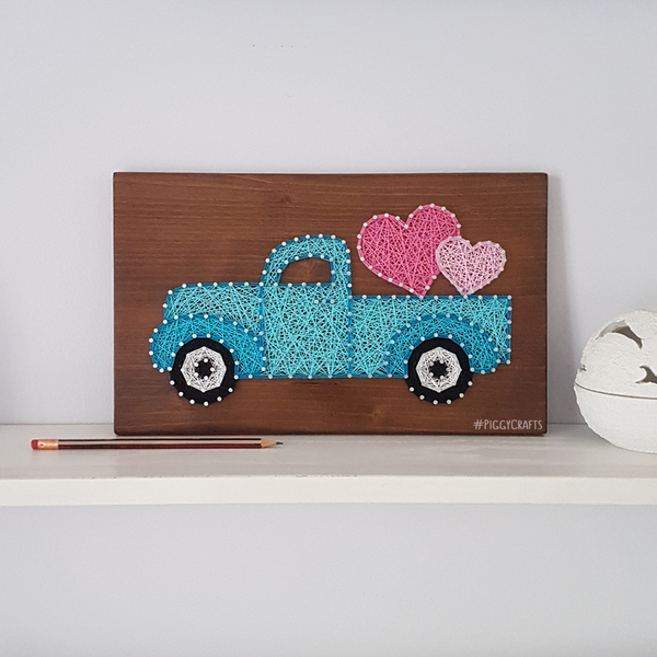 Ξύλινο κάδρο με καρφιά & κλωστές "Love Truck" 33x20cm - ξύλο, πίνακες & κάδρα, χειροποίητα, διακοσμητικά, δώρα αγίου βαλεντίνου - 3