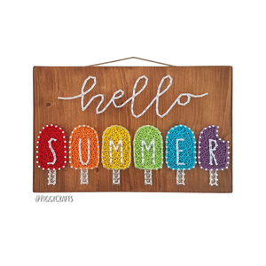 Ξύλινο κάδρο με καρφιά & κλωστές "Hello Summer" 30x20cm - ξύλο, πίνακες & κάδρα, παγωτό