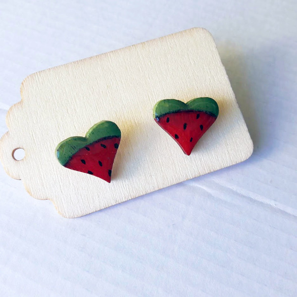 Stud earrings “Watermelon hearts”. - γυαλί, ζωγραφισμένα στο χέρι, καρδιά, καρπούζι, καρφωτά, μικρά - 3