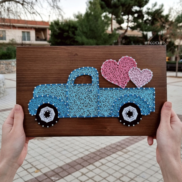 Ξύλινο κάδρο με καρφιά & κλωστές "Love Truck" 33x20cm - ξύλο, πίνακες & κάδρα, χειροποίητα, διακοσμητικά, δώρα αγίου βαλεντίνου - 2