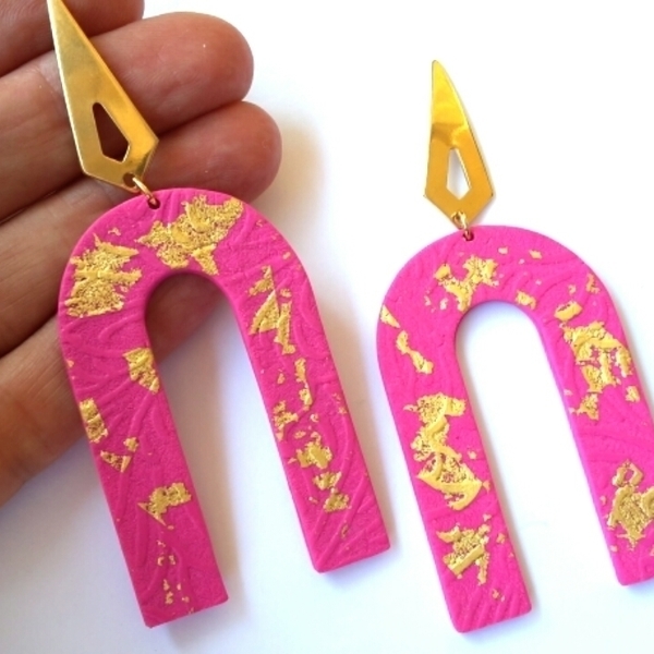 Arch Earrings, Polymer Clay Earrings - επιχρυσωμένα, πηλός, ατσάλι, κρεμαστά, μεγάλα - 2