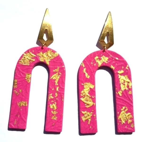 Arch Earrings, Polymer Clay Earrings - επιχρυσωμένα, πηλός, ατσάλι, κρεμαστά, μεγάλα - 3