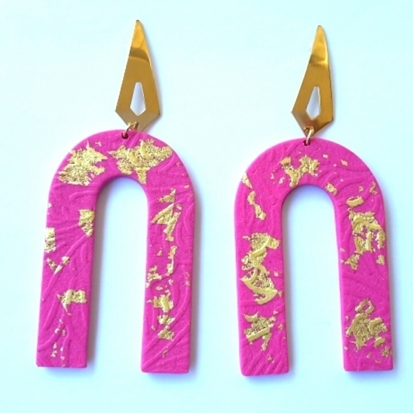 Arch Earrings, Polymer Clay Earrings - επιχρυσωμένα, πηλός, ατσάλι, κρεμαστά, μεγάλα - 4