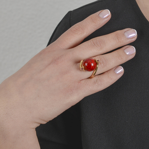 Κόκκινη χάντρα δεμένη σε ασημένιο επίχρυσο χειροποίητο δαχτυλίδι. - ημιπολύτιμες πέτρες, επιχρυσωμένα, ασήμι 925, σταθερά, δώρα για γυναίκες - 2