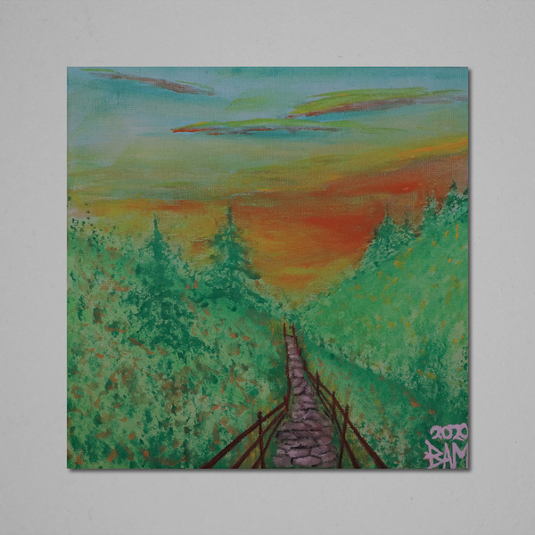 Path of silence forest sunset canvas painting tempera 20x20 - πίνακες & κάδρα, πίνακες ζωγραφικής