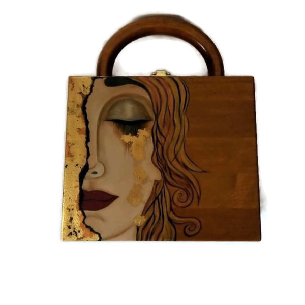 Ξύλινη Tσάντα 24,5\20\7,5cm χειροποιητη ζωγραφισμένη στο χέρι σε σχημα τραπεζιου - ξύλο, clutch, μεγάλες, χειρός, βραδινές - 2