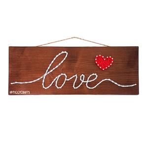 Ξύλινη πινακίδα με καρφιά & κλωστές "love" 33x12cm - ξύλο, διακοσμητικά, αγ. βαλεντίνου