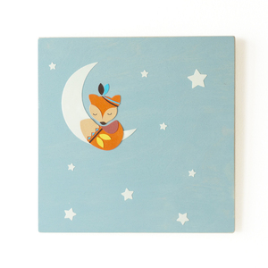 Glow in the dark παιδικός πίνακας με φεγγάρι και αλεπού, 24x24 εκ - αγόρι, αστέρι, φεγγάρι, παιδικοί πίνακες