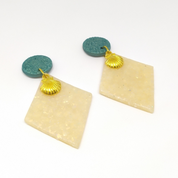 Polymer clay earrings - κοχύλι, πηλός, μπρούντζος, κρεμαστά - 2