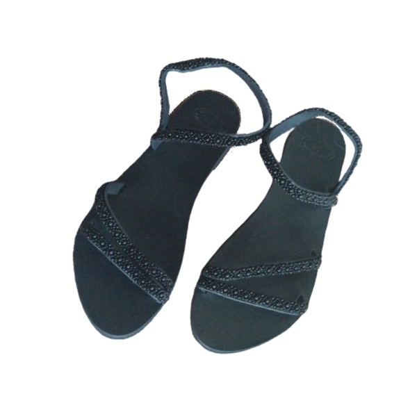 Δερμάτινα σανδάλια Black panther - δέρμα, χάντρες, μαύρα, φλατ, ankle strap