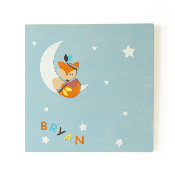 Glow in the dark παιδικός πίνακας με φεγγάρι και αλεπού, 24x24 εκ - αγόρι, αστέρι, φεγγάρι, παιδικοί πίνακες - 3