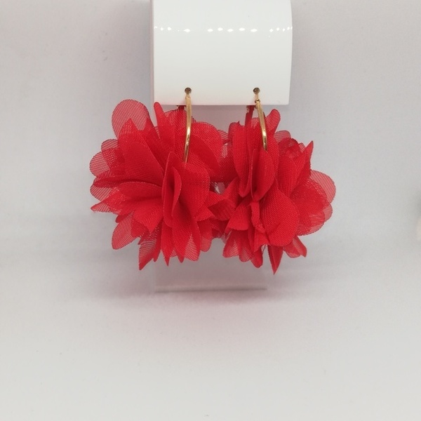 Χρυσοί κρίκοι με κόκκινο λουλούδι από τούλι - λουλούδι, μικρά, faux bijoux, φθηνά