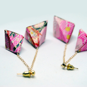 Σκουλαρίκια origami |Triangular Pyramid Pink - statement, μακριά, κρεμαστά, μεγάλα - 2