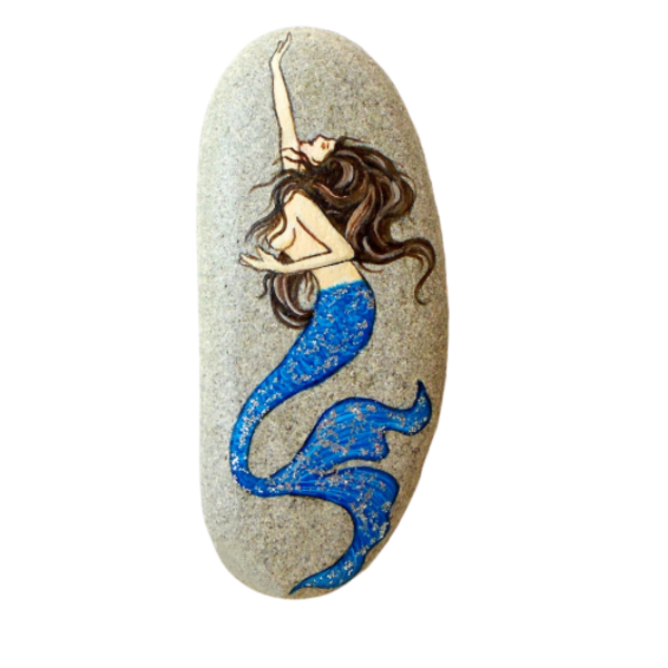 Διακοσμητική πέτρα, ζωγραφισμένη στο χέρι με γοργόνα. - ζωγραφισμένα στο χέρι, γοργόνα, διακοσμητικές πέτρες