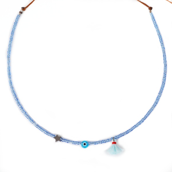 Blue beads κοντό κολιέ με ματάκι, φουντάκι & αστεράκι - με φούντες, αιματίτης, μάτι, χάντρες, κοντά, ματάκια