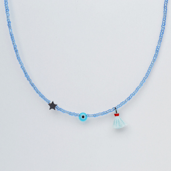 Blue beads κοντό κολιέ με ματάκι, φουντάκι & αστεράκι - με φούντες, αιματίτης, μάτι, χάντρες, κοντά, ματάκια - 2
