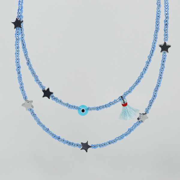 Blue beads κοντό κολιέ με ματάκι, φουντάκι & αστεράκι - με φούντες, αιματίτης, μάτι, χάντρες, κοντά, ματάκια - 3