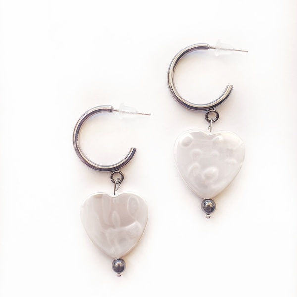 Heart earrings 2 - ορείχαλκος, καρδιά, επάργυρα, κρίκοι, πέρλες