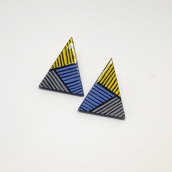 Σκουλαρίκια γεωμετρικά τρίγωνα - ξύλο, καρφωτά, μικρά, φθηνά