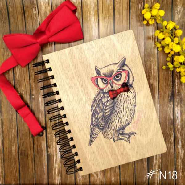 Ξύλινο Σημειωματάριο Κουκουβάγια (Wooden Notebook Owl) 14,5cm x 20cm - ξύλο, δώρο, χειροποίητα, δώρα γενεθλίων, τετράδια & σημειωματάρια - 2