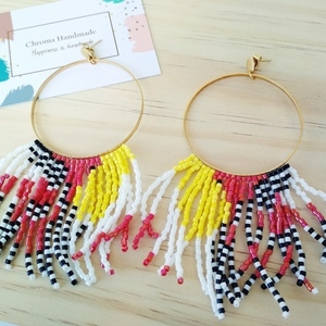 Boho μεγάλοι χρυσοί κρίκοι πλεγμένοι με χάντρες miyuki σε στυλ κρόσσια - miyuki delica, boho, κρεμαστά, μεγάλα - 2