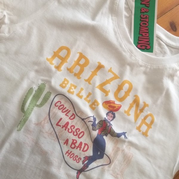 Arizona, cowgirl, pinup wild west vintage retro t-shirt με λάσο και κάκτους. - 3