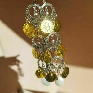 ♦ THE "NANA" EARRINGS GYPSY STYLE, DANGLE EARRINGS, ΣΚΟΥΛΑΡΙΚΙΑ ΜΕ ΧΡΥΣΑ ΝΟΜΙΣΜΑΤΑ ΚΑΙ ΠΕΡΛΕΣ - επάργυρα, φλουρί, μακριά, boho, κρεμαστά, πέρλες, μεγάλα, πολυέλαιοι - 3