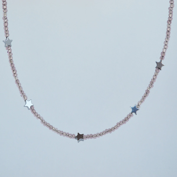 Pink silver beads κοντό κολιέ με αστεράκια αιματίτη - αστέρι, αιματίτης, χάντρες, κοντά, αυξομειούμενα - 2