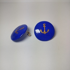 Στρογγυλά blue marine 2.5×2.5εκ. σκουλαρίκια με χρυσή άγκυρα. - μπλε, χρυσό, πηλός, καρφωτά - 3