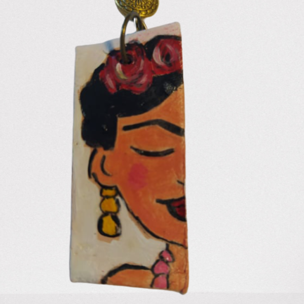 Ζωγραφισμένα στο χέρι σκουλαρίκια Frida Kahlo - πηλός, boho, κρεμαστά, μεγάλα - 2