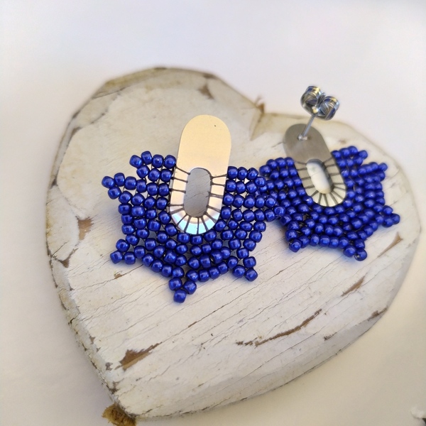 Καρφωτά μπλε ηλεκτρίκ σκουλαρίκια (stud earrings) από γνήσιες χάντρες Miyuki - χάντρες, καρφωτά, μικρά, ατσάλι - 2