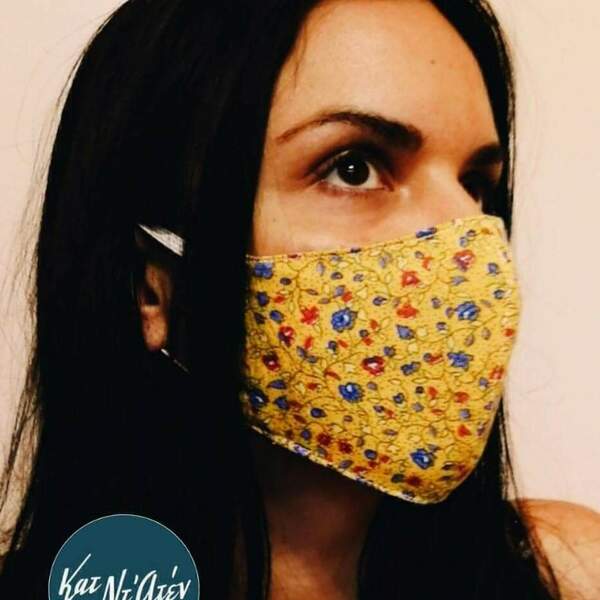 Μάσκα από Vintage βαμβακερο κιτρινο εμπριμέ υφασμα Γυναικεία - γυναικεία, λουλούδια, φλοράλ, boho, μάσκες προσώπου - 2