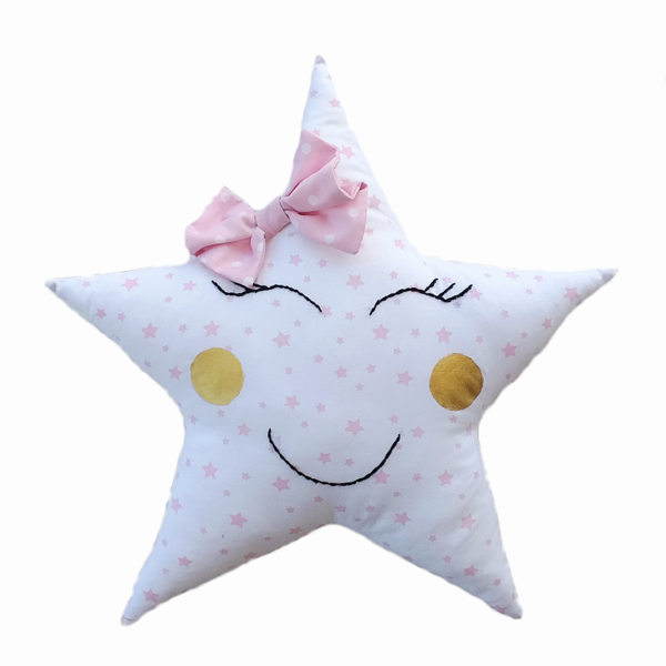 Παιδικό μαξιλάρι αστέρι λευκό με ροζ αστέρια - φιόγκος, κορίτσι, αστέρι, μαξιλάρια, δωμάτιο παιδιών