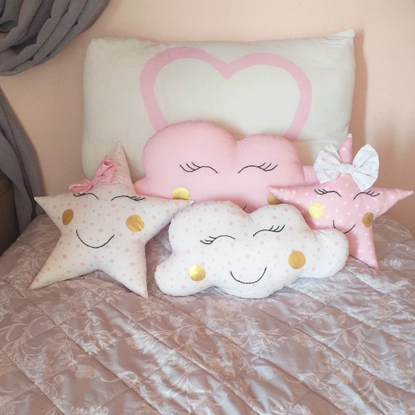 Παιδικό μαξιλάρι αστέρι λευκό με ροζ αστέρια - φιόγκος, κορίτσι, αστέρι, μαξιλάρια, δωμάτιο παιδιών - 2
