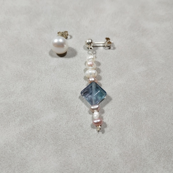 Ασημένια σκουλαρίκια με μαργαριτάρια - Sea pearls and blue sky - ημιπολύτιμες πέτρες, μαργαριτάρι, minimal, κρεμαστά - 2