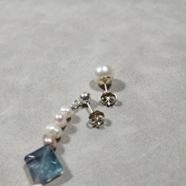 Ασημένια σκουλαρίκια με μαργαριτάρια - Sea pearls and blue sky - ημιπολύτιμες πέτρες, μαργαριτάρι, minimal, κρεμαστά - 3