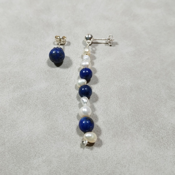 Ασημένια σκουλαρίκια - lapis minimalism - ασήμι, μαργαριτάρι, κρεμαστά - 2