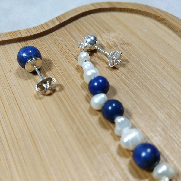 Ασημένια σκουλαρίκια - lapis minimalism - ασήμι, μαργαριτάρι, κρεμαστά - 3