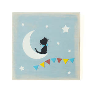 «Γατούλα στο φεγγάρι» Ξύλινος παιδικός πίνακας, 24x24 εκ - πίνακες & κάδρα, κορίτσι, αστέρι, φεγγάρι, γάτα, δώρα γενεθλίων, ζωάκια