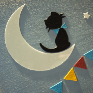 «Γατούλα στο φεγγάρι» Ξύλινος παιδικός πίνακας, 24x24 εκ - πίνακες & κάδρα, κορίτσι, αστέρι, φεγγάρι, γάτα, δώρα γενεθλίων, ζωάκια - 3