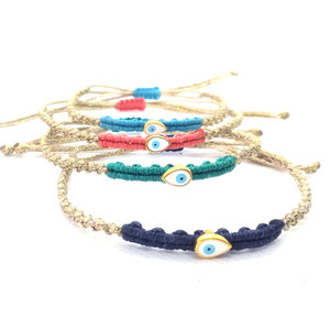 Minimal eye macrame βραχιόλι gold - blue - μακραμέ, μάτι, χεριού, αυξομειούμενα - 2