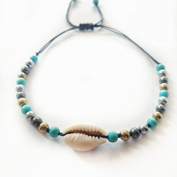 Colorful anklet bracelet - ημιπολύτιμες πέτρες, κοχύλι, μακραμέ, ποδιού, αυξομειούμενα