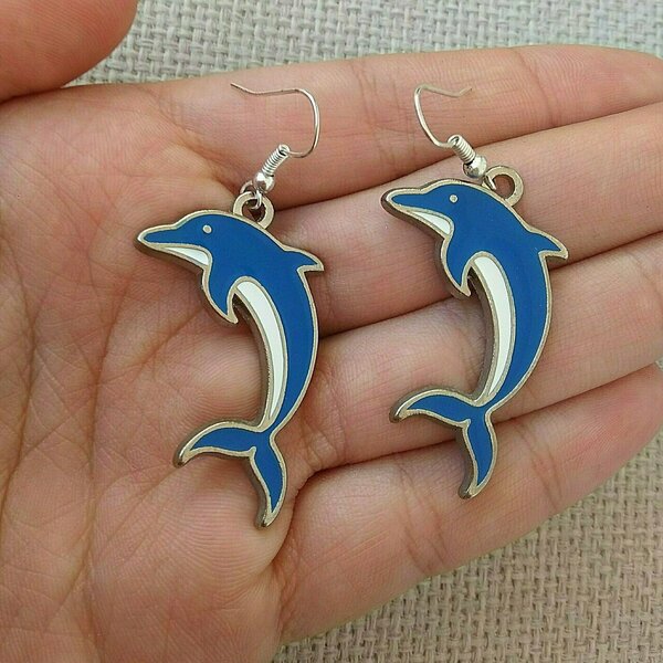 σκουλαρίκια ψάρι δελφίνια μπλε καλοκαίρι - μικρά, μπρούντζος, κρεμαστά, faux bijoux, φθηνά - 4