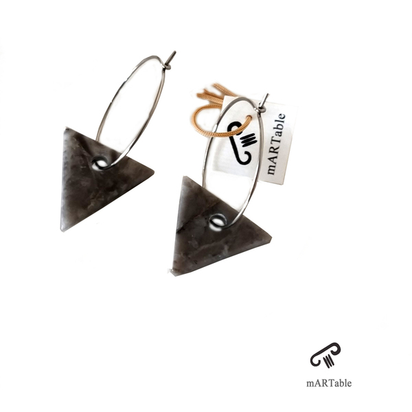 Handmade geometric earrings in marble stone - επάργυρα, χειροποίητα, κρίκοι, ατσάλι