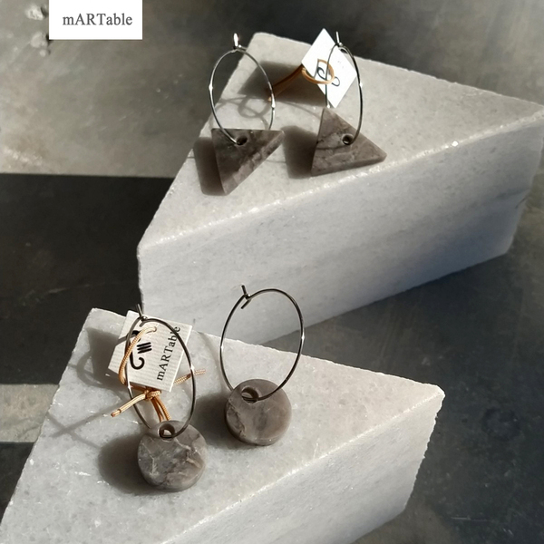 Handmade geometric earrings in marble stone - επάργυρα, χειροποίητα, κρίκοι, ατσάλι - 3